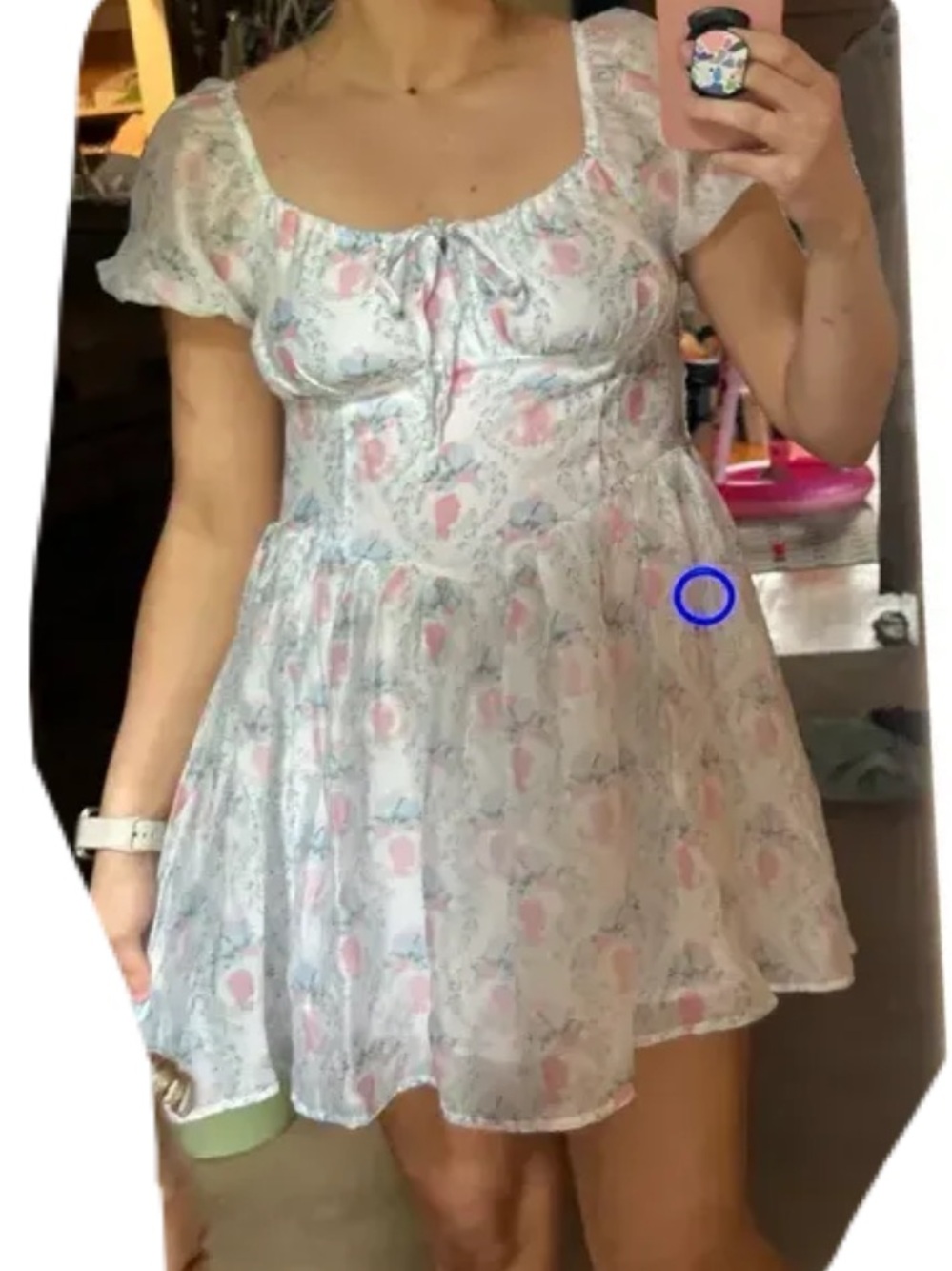 Celebrity Pink | Bridgerton White Mini Dress with Pink & Blue Floral Print